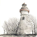 “Lighthouse in Winter: in winter, 2009 - dark and light gray pencil and red pen.